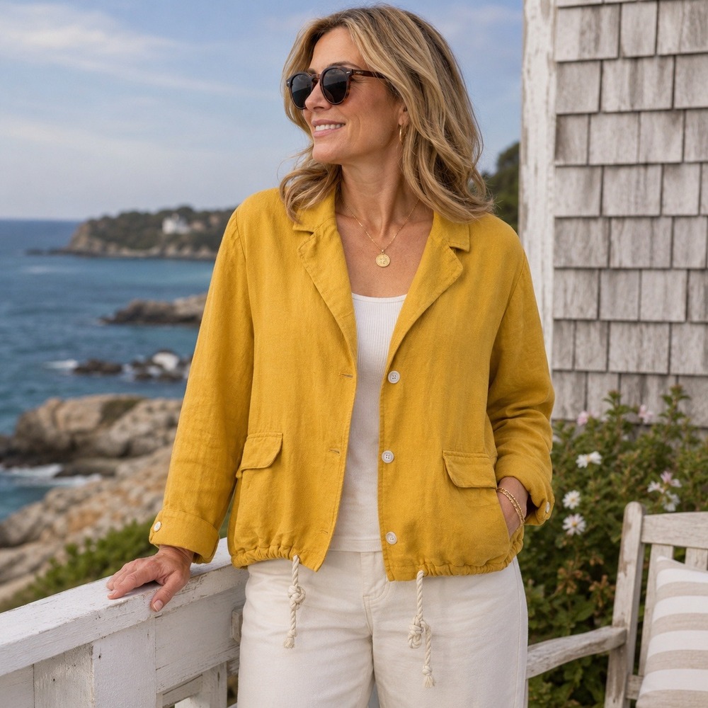 J Jill Linen Blend Utility Jacket Sz M Mustard Yellow Coastal Fisherman Artsy